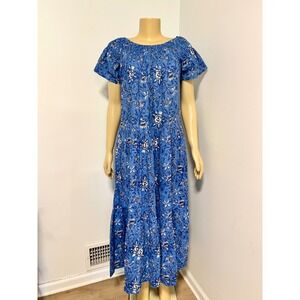 Guadalupe‎ Design Blue Floral Cotton Smocked Maxi Dress Short Sleeve Tiered Boho